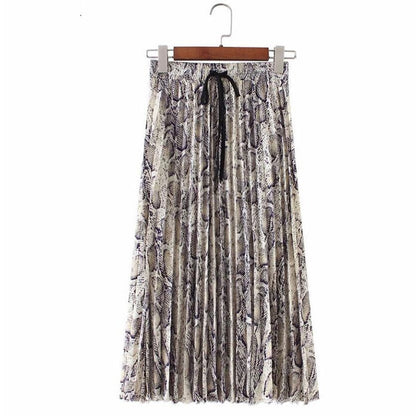jinran Vintage Leopard Print Pleated Skirts Women Punk Rock Korean Skirt Streetwear Drawstring Elastic Waist Ladies Midi Skirt New