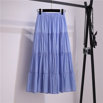 jinran Summer Stitching Cotton and Linen Skirt Elegant Elastic High Waist Ruffles Pleated All-match A Line Skirt Casual Beach Holiday