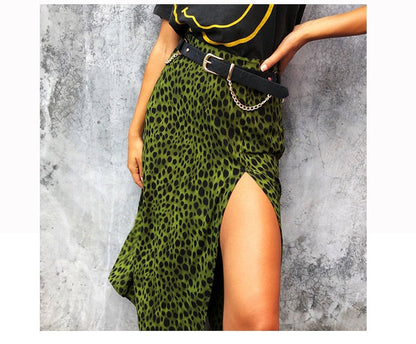 jinran Elegant Split Long Skirts Vintage Leopard Floral Print High Waist A Line Skirts Office Lady Casual Bodycon Midi Skirt