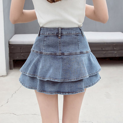 jinran 2022 Summer Low Waist A Line Denim Skirt Women Sexy Pleated Mini Jeans Skirts Korean Style Casual Ruffles Wild Skirt Shorts