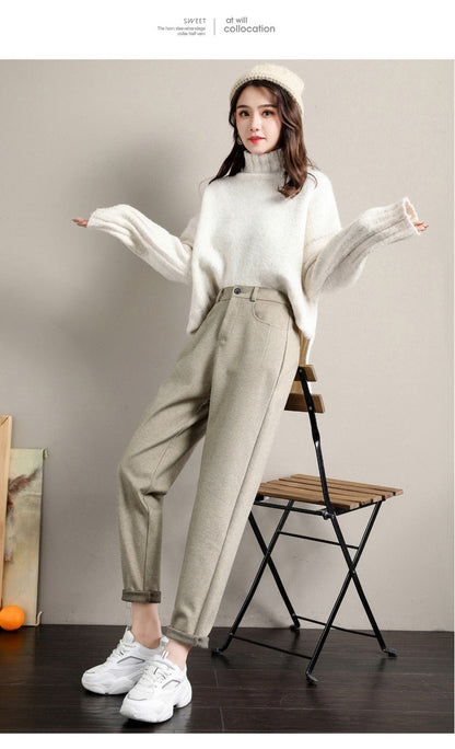 jinran New Fashion Korean Woolen Harlan Loose Daddy Pants Women'S 2022 Autumn And Winter Leisure High Waist Nine Point Radish Trousers