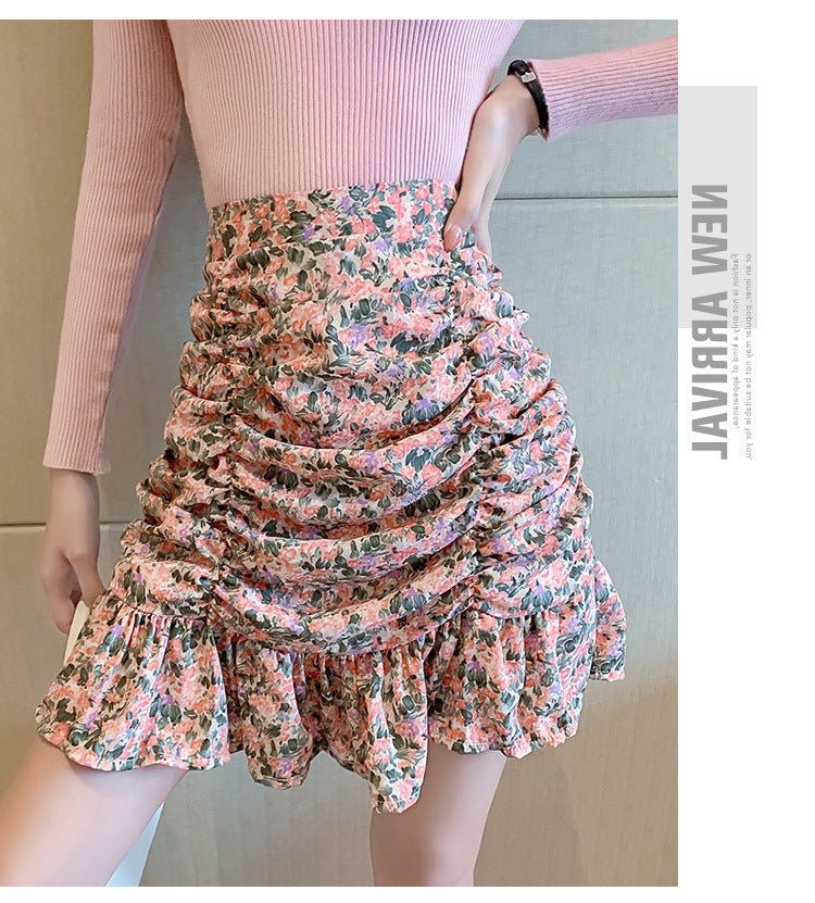 jinran Women Summer High Waist Floral Print Ruffles Mini Shirts Korean Style Elegant Pleated Bodycon Skirt Boho Beach Party Short Skirt