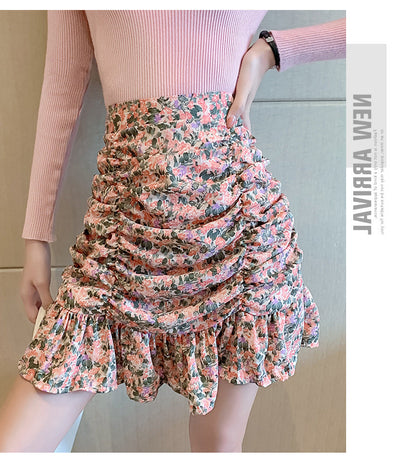 jinran Women Summer High Waist Floral Print Ruffles Mini Shirts Korean Style Elegant Pleated Bodycon Skirt Boho Beach Party Short Skirt