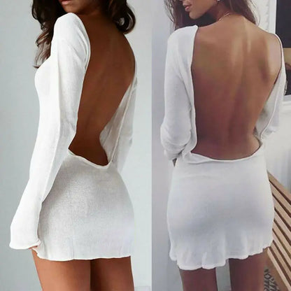 jinran Women Sexy Backless Bodycon Mini Dress Solid Color Round Neck Long Sleeve Slim Fit Beach Dress Holiday Party Wear Streetwear