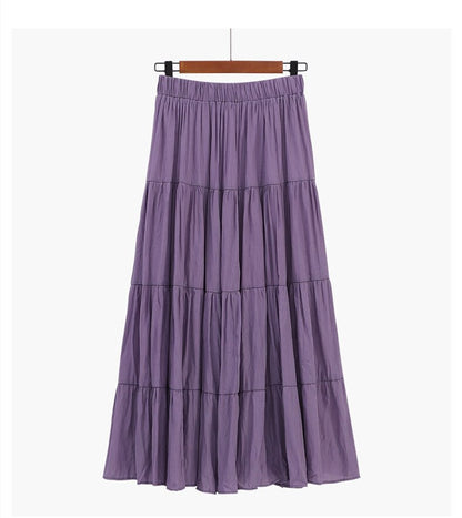 jinran Summer Stitching Cotton and Linen Skirt Elegant Elastic High Waist Ruffles Pleated All-match A Line Skirt Casual Beach Holiday
