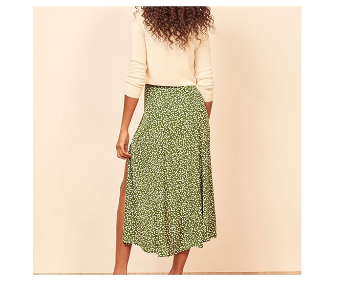 jinran Elegant Split Long Skirts Vintage Leopard Floral Print High Waist A Line Skirts Office Lady Casual Bodycon Midi Skirt