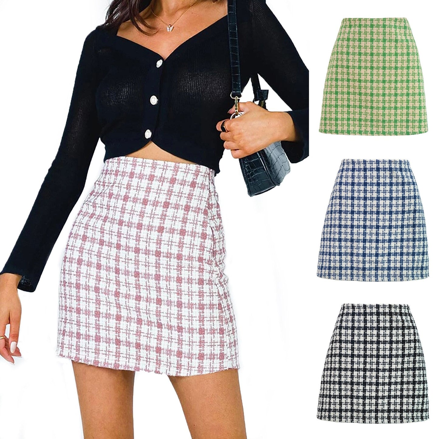 jinran Women Summer Elegant Korean Plaid A Line Skirts Vintage Woolen High Waist Mini Skirt Cotton Harajuku Skirt 2022 New Fashion