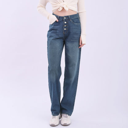 jinran Women's Jeans High Waist Mom Wide Leg Pants New fashion vintage Blue Straight Pants Oversize Overalls Loose Ladies Pants