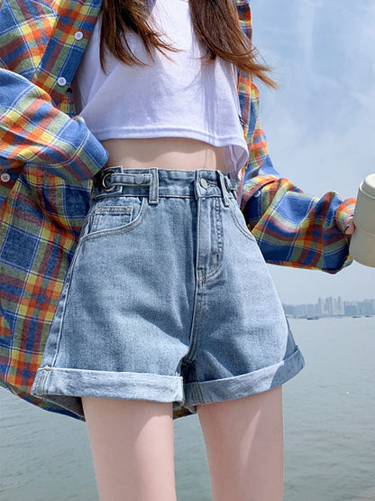 jinran Summer New Women Adjustable Waist Slim Short Jeans Lady High Street Wide Leg Short Pants Female High Waist A-Line Shorts