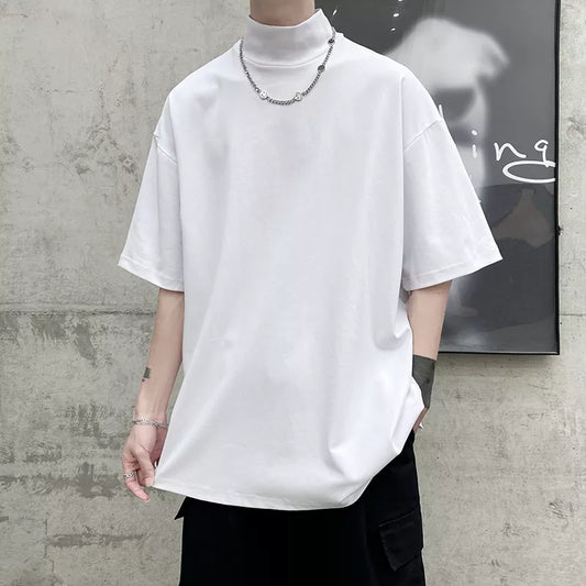 2024 Streetwear Turtleneck Men Tshirt Solid Hip Hop Male Oversized T shirts Man Casual Short Sleeve Top Tees Black/White/Purple