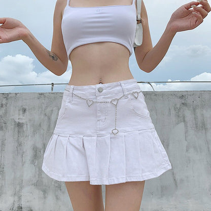 jinran Women High Waist Denim Skirt Women Summer Korean Harajuku Ruffles Jeans Skirt Shorts Punk Y2K Mini Pleated Skirt Streetwear