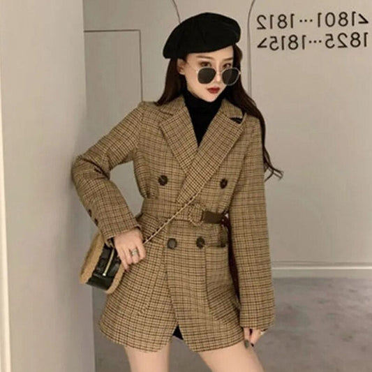 jinran Vintage Houndstooth Jacket Blazer Women Plaid Lady Suit Jacket with Belt Long Sleeve Female Tailored Coat Street Wear New