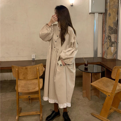 jinran Patchwork Dresses Women Loose Button Students Leisure Long Sleeve Mid-calf Ulzzang Hipster High Quality Females Daily Autumn New