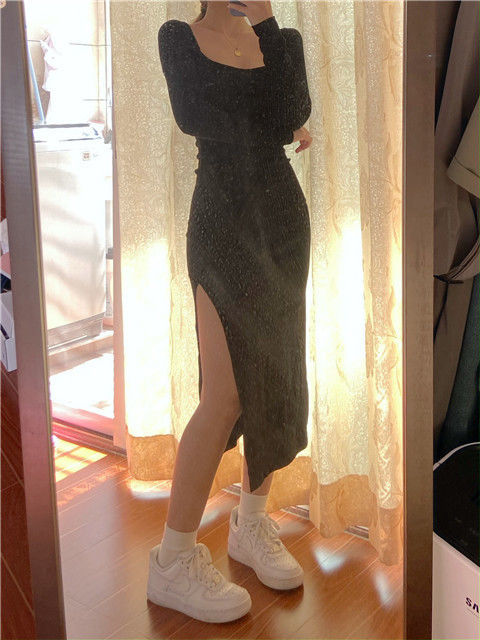 jinran Women Long Sleeve Dress Mid-calf Length Square Collar Black Sheath Retro Slim Sexy Vintage Side Slit Stretchy All-match Simple