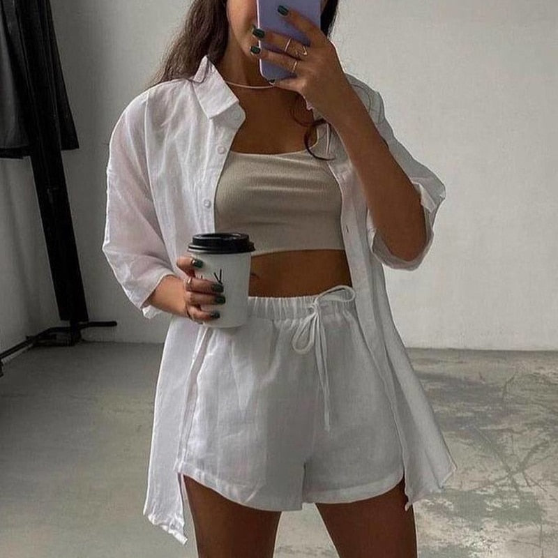 jinran Casual Womem Yellow Lounge Wear Summer Tracksuit Shorts Set Long Sleeve Shirt Tops And Mini Shorts Suit New Two Piece Set