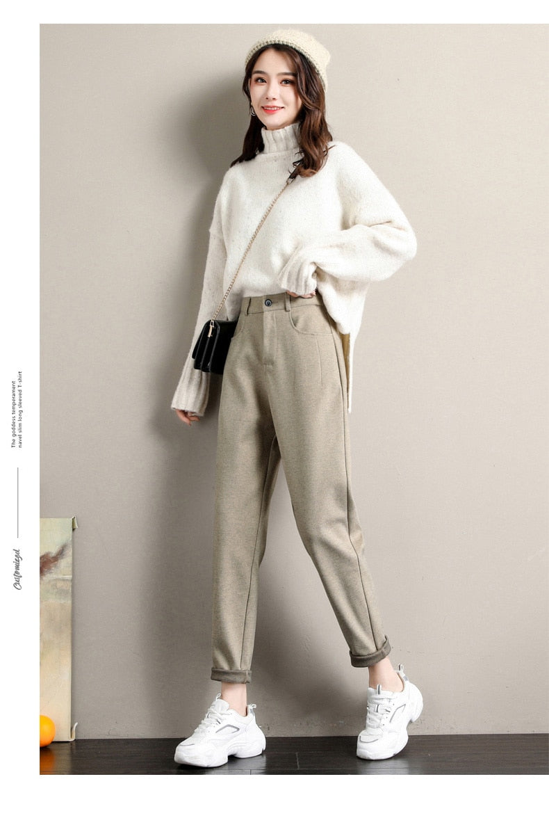 jinran New Fashion Korean Woolen Harlan Loose Daddy Pants Women'S 2022 Autumn And Winter Leisure High Waist Nine Point Radish Trousers