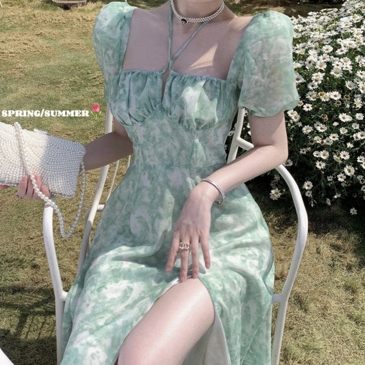 2025 Gentle wind slit off the shoulder floral suspender skirt women's summer wear 2025 new neck waist temperament long dress