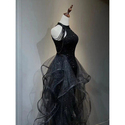 jinran witch dress to impress Black Evening Dress for Women 2024 New Light Luxury Niche High-End High-End Sense Trailing Birthday Party Host Adult Ceremony