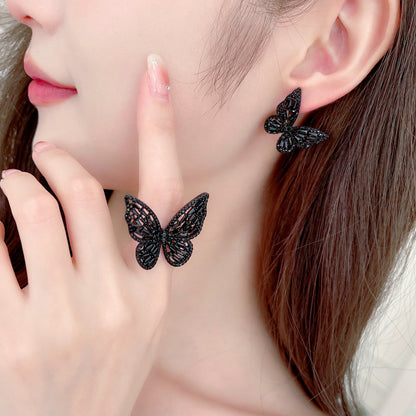 2025 New style trendy niche temperament designer style super fairy temperament open index finger ring butterfly ring earring jewelry set