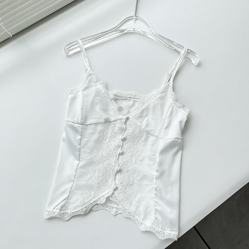 jinran  New White Lace Satin Sweet Slim Fit Small Camisole Button Style Women's Summer Top 3403