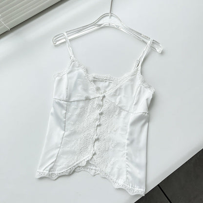 jinran  New White Lace Satin Sweet Slim Fit Small Camisole Button Style Women's Summer Top 3403