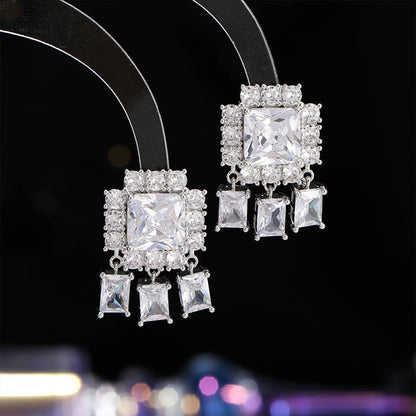 2025 Japan and Korea s925 silver needles slightly inlaid with zirconium square stud earrings fashion personality geometric earrings female Internet celebrities trend versatile models