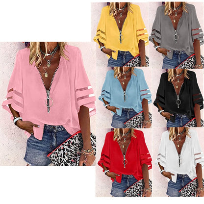 2025 Popular, , 's new V-neck zipper shirt, half-flared sleeve grid splicing, loose casual shirt women