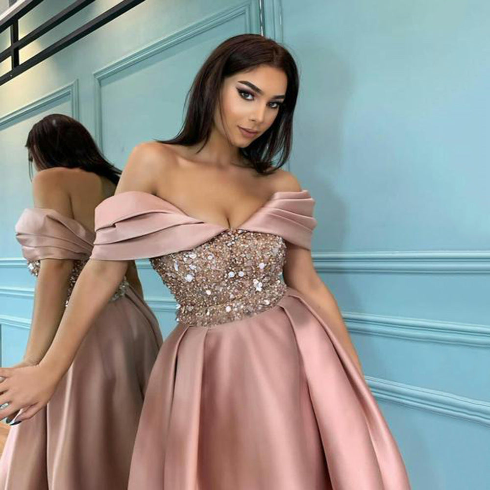 2025 New new women's clothing spring simple atmosphere long thin sequins off-the-shoulder banquet evening dress dress