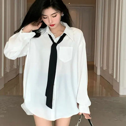 jinran men in black costume 2024 New Style with Tie Spring and Autumn Summer White Top Mid-Length Loose Shirt Women's Thin Shirt