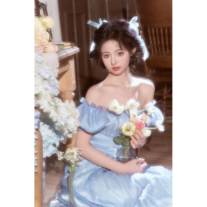 Light wedding dress 2025 new Hong Kong-style retro style studio photography blue high-end dress student adult princess dress