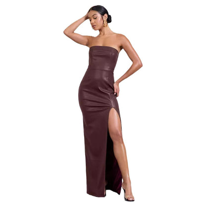 jinran 2024 fall fashion trends Summer Women's Sexy Tube Top Dress off-the-Shoulder Slim-Fit Long PU Leather Dress for Women