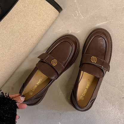 2025 Cowhide version~ New camellia platform retro black one-pedal British style loafers single shoes small leather shoes