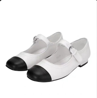 2025 Cowhide version~ High-heeled new Xiaoxiangfeng Mary Jane shoes for women's leather thick heel one-word buckle black and white color matching single shoes for women