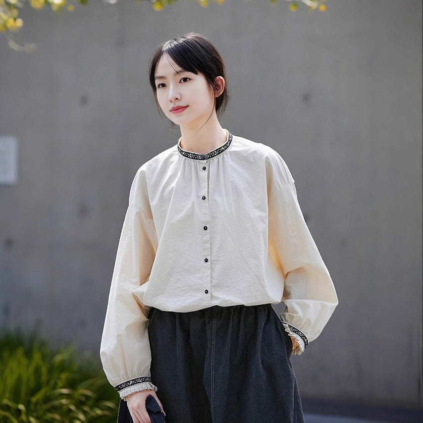2025 Pistachio white shirt spring women's stand-up collar retro versatile embroidered long-sleeved women's shirt loose and casual inside B1036