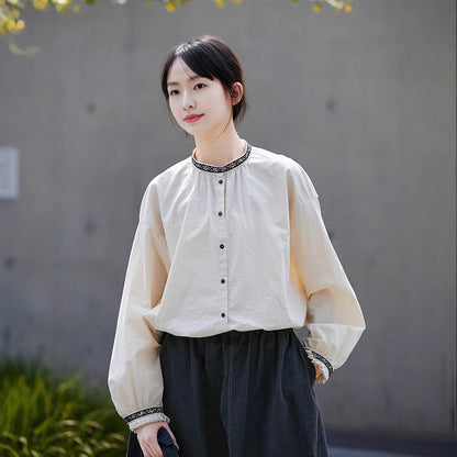 2025 Pistachio white shirt spring women's stand-up collar retro versatile embroidered long-sleeved women's shirt loose and casual inside B1036