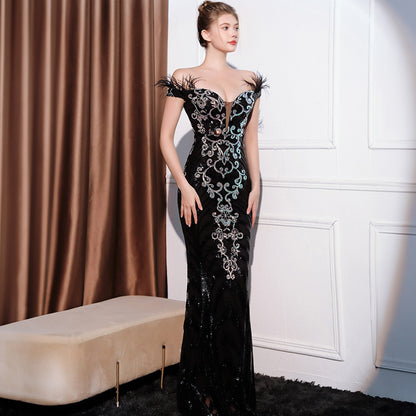 2025 Evening dress dress women's high-end simple temperament banquet senior sense slim and thin one-word shoulder thin long dress