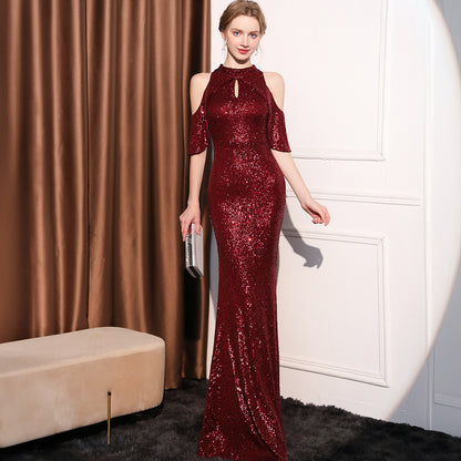 2025 Evening dress skirt femininity light luxury niche high-end banquet high-end sense heavy industry sequins neck short-sleeved dress