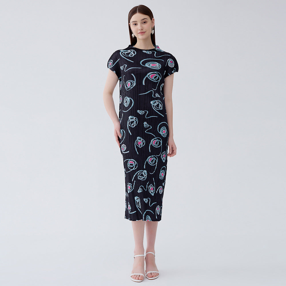 2025 summer new Miyake circle printing temperament high-waisted dress slim-fitting pleated semi-turtleneck A-shaped skirt