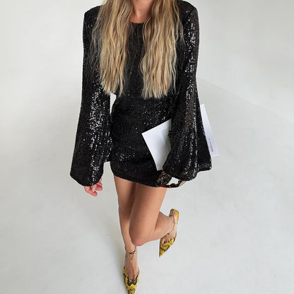 2025 Green sequined round neck high waist flared sleeve slim hip dress popular  new spring fashion wholesale