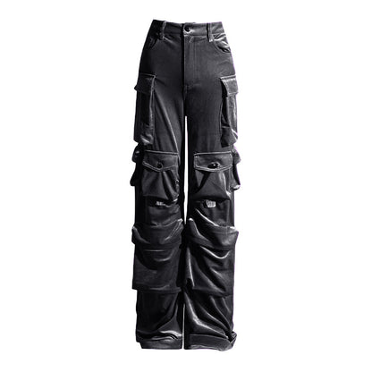 2025 spring new fashion design sense splicing pocket decorative design sense high waist velvet pants straight overalls