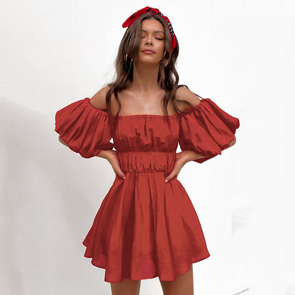 2025 summer new  bubble sleeve cotton and linen pleated princess dress small dress short sleeve one-word collar women's dress
