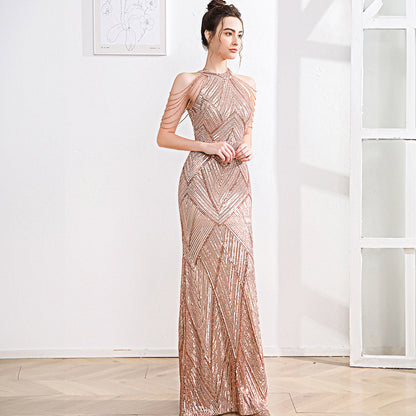 2025 High-end evening dress dress female fishtail champagne high-end texture celebrity fairy banquet temperament light luxury niche host