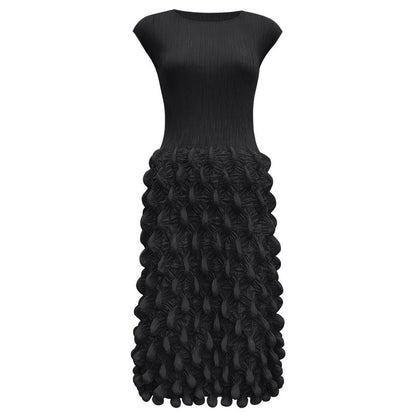 2025 summer new spot bubble pleated long dress slim pleated women's clothing solid color niche handmade sleeveless dress