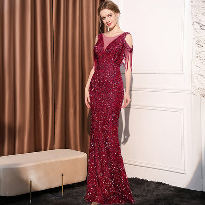 2025 Evening dress dress female high-end temperament celebrity light luxury banquet party sequins long slim and thin fishtail dress