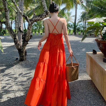 2025 Jiang Shuying star with the same backless suspender skirt seaside vacation beach skirt high waist solid color pendulum dress women's summer