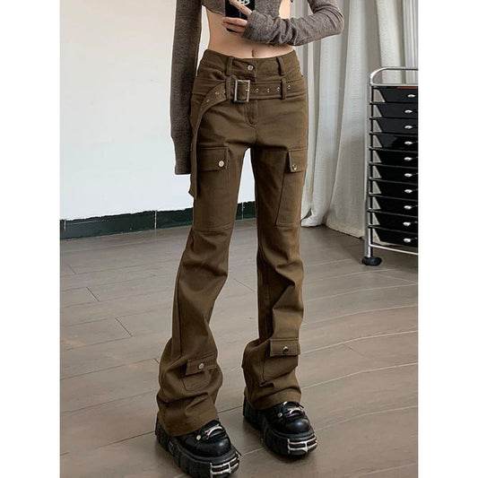 jinran teacher outfits American Street Vibe Brown Workwear Jeans Women's Autumn and Winter New Retro Design Belt Straight Casual Pants