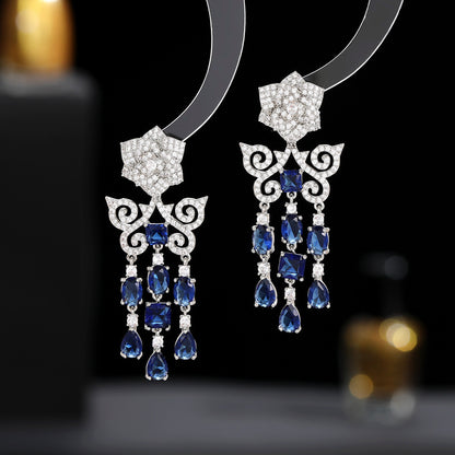 2025 Light luxury high-end dress banquet bride earrings camellia hollow butterfly pattern zircon water drop fringed earrings