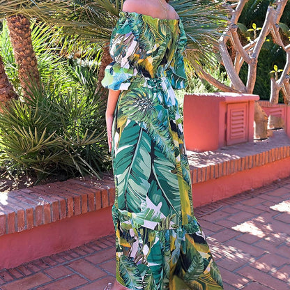 2025 New new spring and summer 2025 women's clothing dress printed one-word shoulder slim and thin temperament commuter dress
