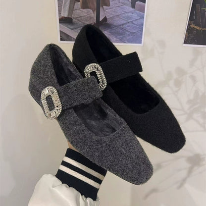 2025 thick heel velvet Mary Jane fluffy shoes women's shoes popular autumn and winter with skirt evening shoes rhinestone shoes