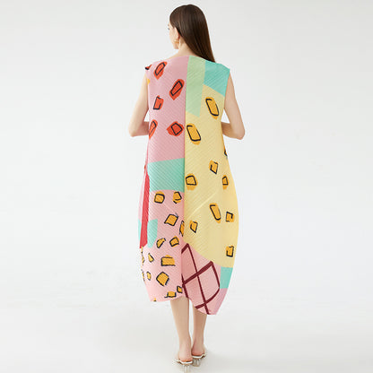 2025 summer new elegant style women's clothing pullover sleeveless round neck printing and dyeing pleated umbrella dress women